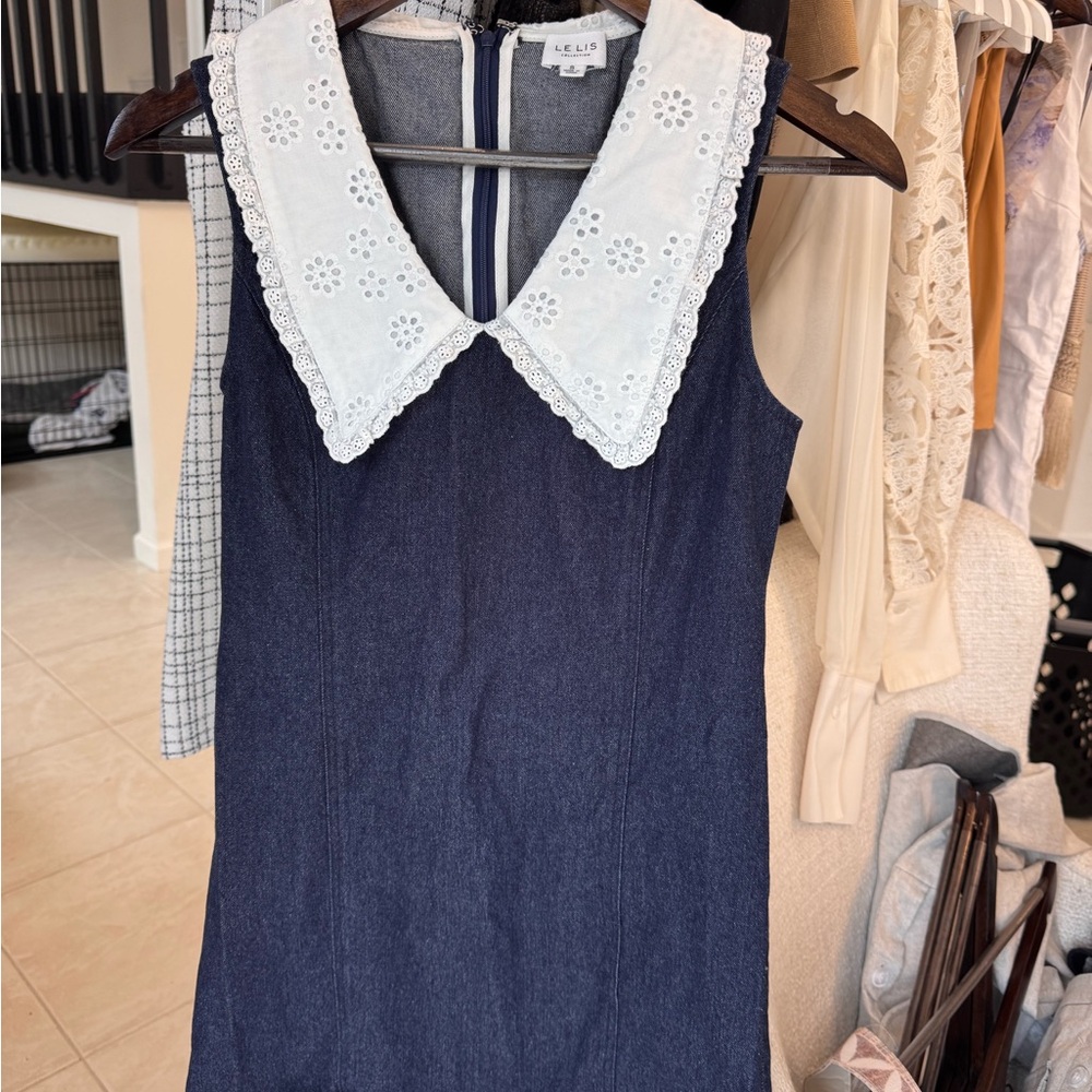 Le Lis Navy Blue Mini Dress with White Eyelet Collar